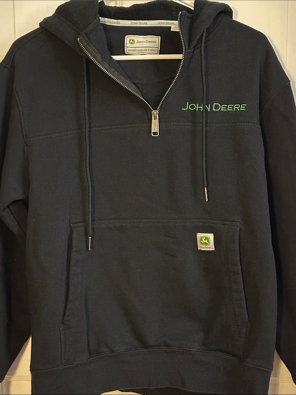 John Deere Black Quarter-Zip Hooded Sweatshirt with Green Logo